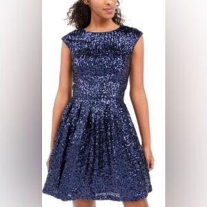 Emerald Sundae XL Blue Sequined Sleeveless Jewel Neck Fit & Flare Mini Dress